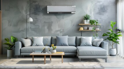 Poster - A contemporary living room showcases a comfortable sofa, decorative elements, and an air conditioner mounted on the wall, creating a relaxing atmosphere. Generative AI