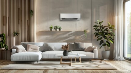 Fototapete - A stylish living room features a wall-mounted air conditioner, a cozy sofa, potted plants, and natural light flowing through large windows. Generative AI