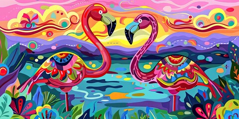 Wall Mural - Two colorful flamingos in a tropical landscape.