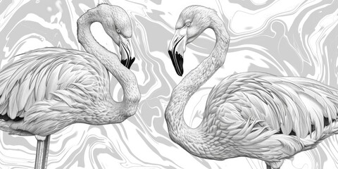 Two pencil sketch flamingos on marble background.