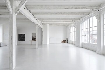 Poster - A bright white loft with high ceilings, large windows, and a minimalist design. Generative AI