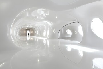 Poster - A sleek, reflective white chamber showcases futuristic design and organic shapes. Generative AI