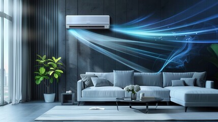 Aufkleber - A contemporary living room showcases a sleek air conditioning unit, elegantly adorned with comfortable furniture and vibrant decor, bathed in natural light. Generative AI