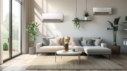 Fototapete - A stylish living room featuring a sleek sofa, a coffee table, and vibrant plants, enhanced by natural light and wall-mounted air conditioning. Generative AI
