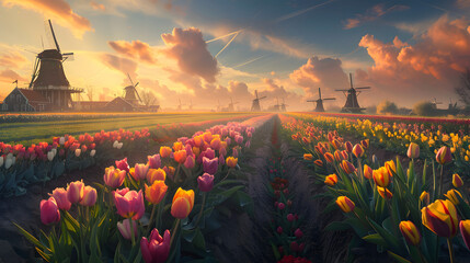 Sweeping vista of colorful tulip gardens in the Netherlands and sunlight glinting off windmills in the distance 