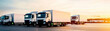 © HDP-STUDIO - A fleet of delivery trucks parked in a row during sunset, showcasing modern design and logistics efficiency.
