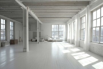 Poster - A bright, airy loft with large windows and minimalistic decor, inviting natural light throughout the space. Generative AI