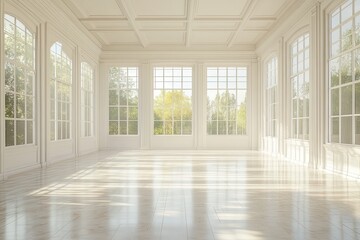 Poster - A spacious white room filled with sunlight and greenery viewable through expansive windows. Generative AI