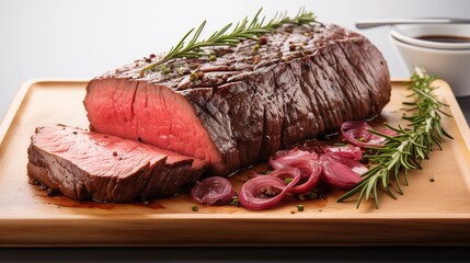 Wall Mural - Close view of roast beef, front view from above, studio lighting, isolated white background.