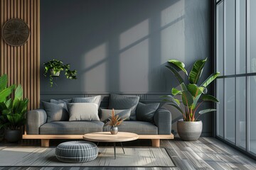 Poster - A modern living room features a cozy sofa, elegant decor, and an air conditioner, complemented by lush indoor plants and abundant natural light. Generative AI