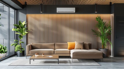 Poster - A modern living room showcases a cozy sofa, air conditioner on the wall, and vibrant plants, creating a stylish and inviting atmosphere for relaxation. Generative AI