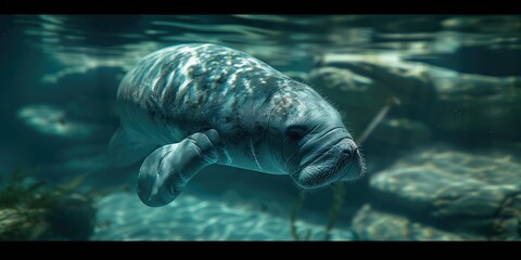 A manatee swimming underwater, close-up.