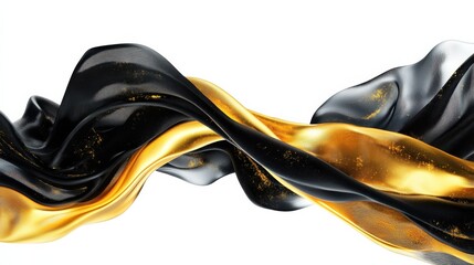 Fototapete - Abstract fluid shapes, 3d rendering illustration of black and gold color waves and cloth fabric floating in the white background. Modern art poster design with surrealistic twisted forms