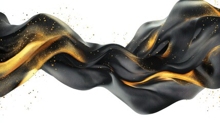 Fototapete - Abstract fluid shapes, 3d rendering illustration of black and gold color waves and cloth fabric floating in the white background. Modern art poster design with surrealistic twisted forms