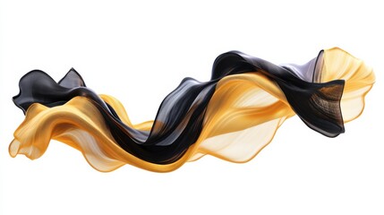 Fototapete - Abstract fluid shapes, 3d rendering illustration of black and gold color waves and cloth fabric floating in the white background. Modern art poster design with surrealistic twisted forms