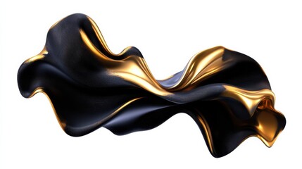 Fototapete - Abstract fluid shapes, 3d rendering illustration of black and gold color waves and cloth fabric floating in the white background. Modern art poster design with surrealistic twisted forms