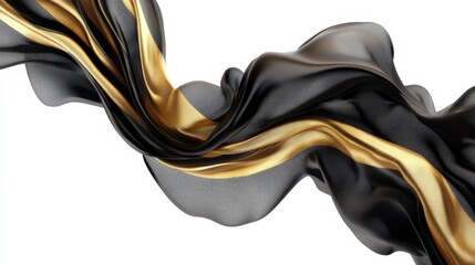 Fototapete - Abstract fluid shapes, 3d rendering illustration of black and gold color waves and cloth fabric floating in the white background. Modern art poster design with surrealistic twisted forms