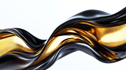 Fototapete - Abstract fluid shapes, 3d rendering illustration of black and gold color waves and cloth fabric floating in the white background. Modern art poster design with surrealistic twisted forms