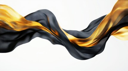 Fototapete - Abstract fluid shapes, 3d rendering illustration of black and gold color waves and cloth fabric floating in the white background. Modern art poster design with surrealistic twisted forms