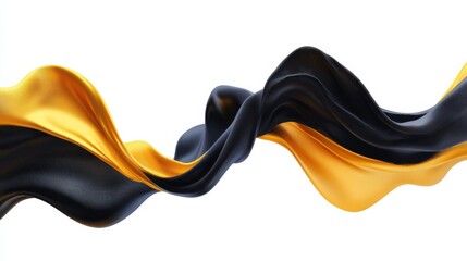 Fototapete - Abstract fluid shapes, 3d rendering illustration of black and gold color waves and cloth fabric floating in the white background. Modern art poster design with surrealistic twisted forms