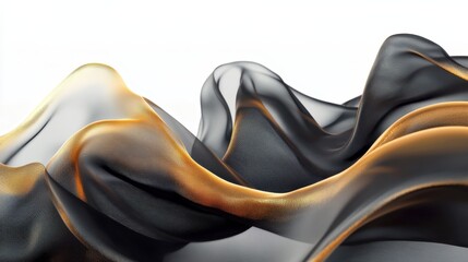 Fototapete - Abstract fluid shapes, 3d rendering illustration of black and gold color waves and cloth fabric floating in the white background. Modern art poster design with surrealistic twisted forms