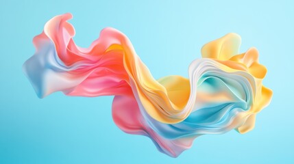 Fototapete - Abstract fluid shapes, 3d rendering illustration of colorful pastel color waves and cloth fabric floating in the air on blue background. Modern art poster design with surrealistic twisted forms