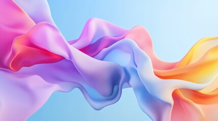 Fototapete - Abstract fluid shapes, 3d rendering illustration of colorful pastel color waves and cloth fabric floating in the air on blue background. Modern art poster design with surrealistic twisted forms