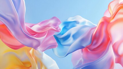 Fototapete - Abstract fluid shapes, 3d rendering illustration of colorful pastel color waves and cloth fabric floating in the air on blue background. Modern art poster design with surrealistic twisted forms