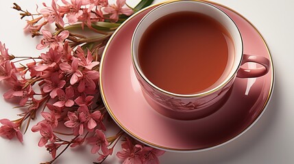 Wall Mural - Close view of tea, front view from above, studio lighting, isolated white background.