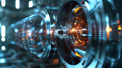 Poster - Futuristic Energy Generator Illuminated With Vibrant Orange Light Inside a High-Tech Laboratory Environment