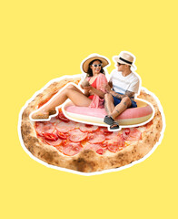 Tasty pizza pepperoni and small couple with inflatable mattress on yellow background