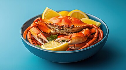 Wall Mural - Cooked whole crab served in a blue bowl with lemon slices on a blue background.