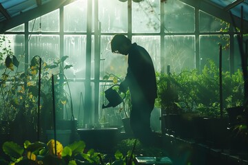 Wall Mural - Gardener Watering Plants Inside Lush Greenhouse During Early Morning Light