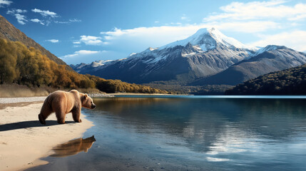 Canvas Print - Brown bear walking along a sandy lakeshore with a backdrop of snow-capped mountains and autumn foliage.