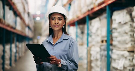 Canvas Print - Warehouse, inventory and woman with tablet, face and export with internet, digital app and service. Trade, person and employee with tech, safety and quality assurance with logistics and supply chain