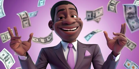 Wall Mural - black billionaire 3D animation cartoon style, colorful, happy, friendly, 