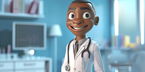 Wall Mural - african american doctor 3D animation cartoon style, colorful, happy, friendly, 