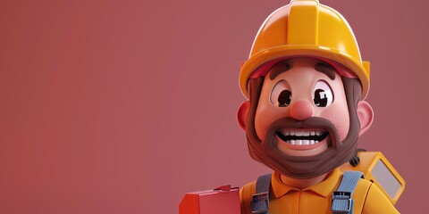 Poster - construction worker 3D animation cartoon style, colorful, happy, friendly,