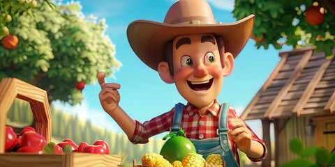 Poster - farmer 3D animation cartoon style, colorful, happy, friendly, 3d cartoon, -