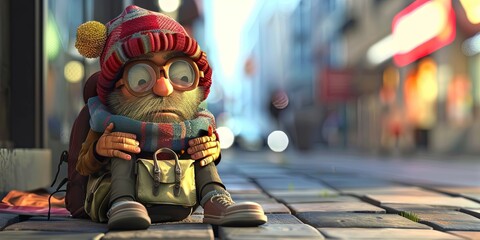 Poster - homeless person 3D animation cartoon style, colorful, happy, friendly, 3d cartoon, 