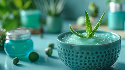 Face cream mask with Aloe Vera. Aloe vera in a bowl with green gel. Aloe vera in a bowl with green gel, blue background. Perfect for highlighting natural skincare. This is a photo, horizontal format.