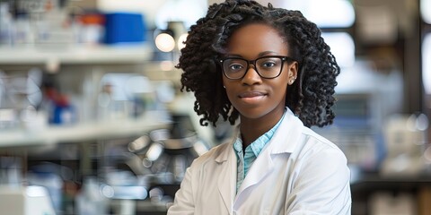 Wall Mural - african american female scientist, laboratory background