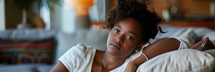 Wall Mural - african american woman relaxing on the couch, living room