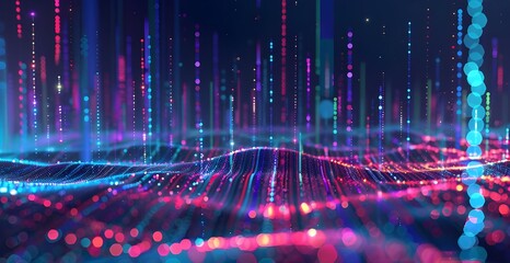 Poster - Abstract background with lines and dots of different colors, creating an impressionistic landscape. The dark blue color creates an atmosphere for data visualization or technology themes. 