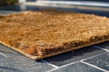 Poster - Close-up view of a rug on a tiled floor, perfect for interior design or lifestyle photography