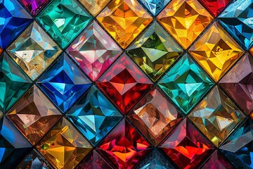 Poster - Colorful diamond-shaped tiles form a captivating kaleidoscope pattern under bright light. Generative AI