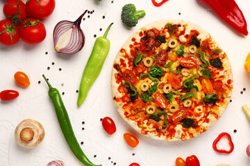 Wall Mural - Vegetable pizza with ingredients on white background