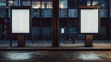 Wall Mural - Three empty billboards on a city street at night, ideal for use in urban landscapes or nighttime scenes