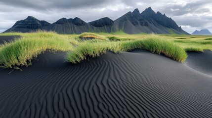 Black Sand Dunes and Mountain Range in Iceland