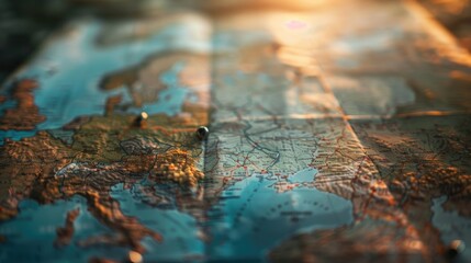 Fototapete - A close-up view of a map with a pin marking a specific location